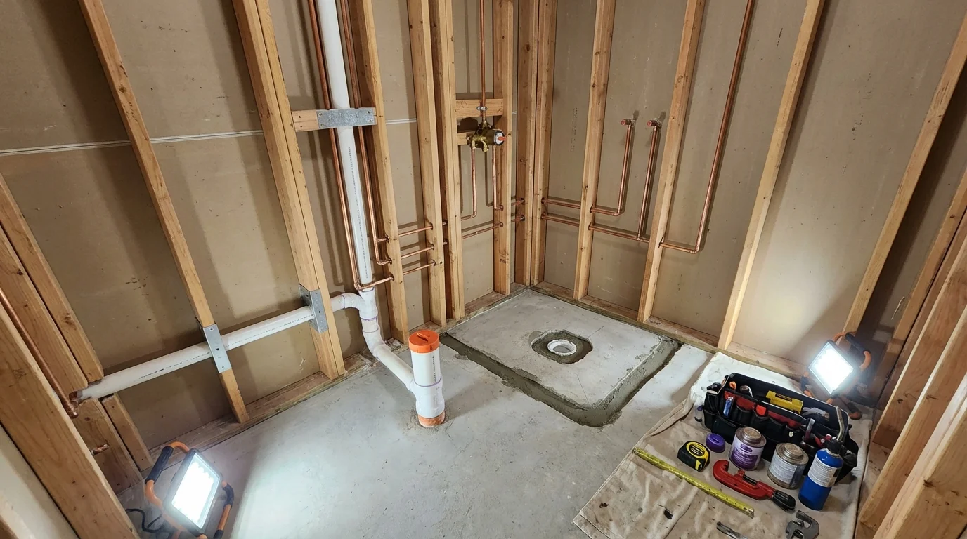 Bathroom rough-in plumbing during remodel by Johns Plumbing LLC in Stevenson
